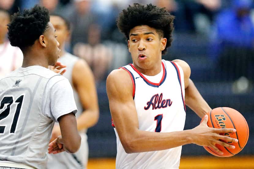 Allen forward Cam Christon (1) drives to the basket while Steele guard Terry Ellis, Jr. (21)...