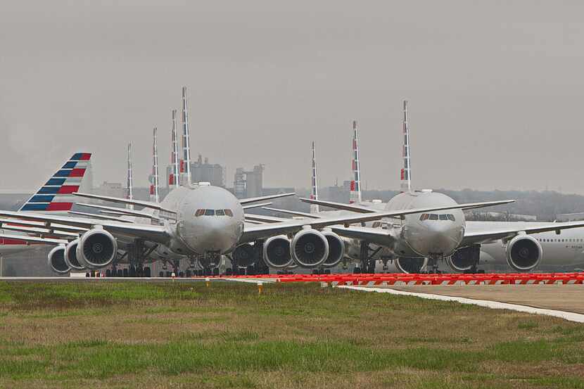 American Airlines planes parked for storage at Tulsa International Airport in Oklahoma.