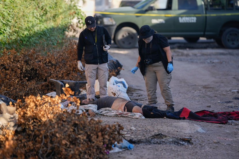 Investigadores trabajan sobre la escena del crimen, en la que un cuerpo yace sobre una calle...