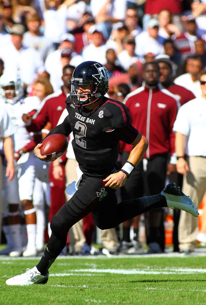 Nov 03, 2012; Starkville, MS, USA;  Texas A&M Aggies quarterback Johnny Manziel (2) advances...