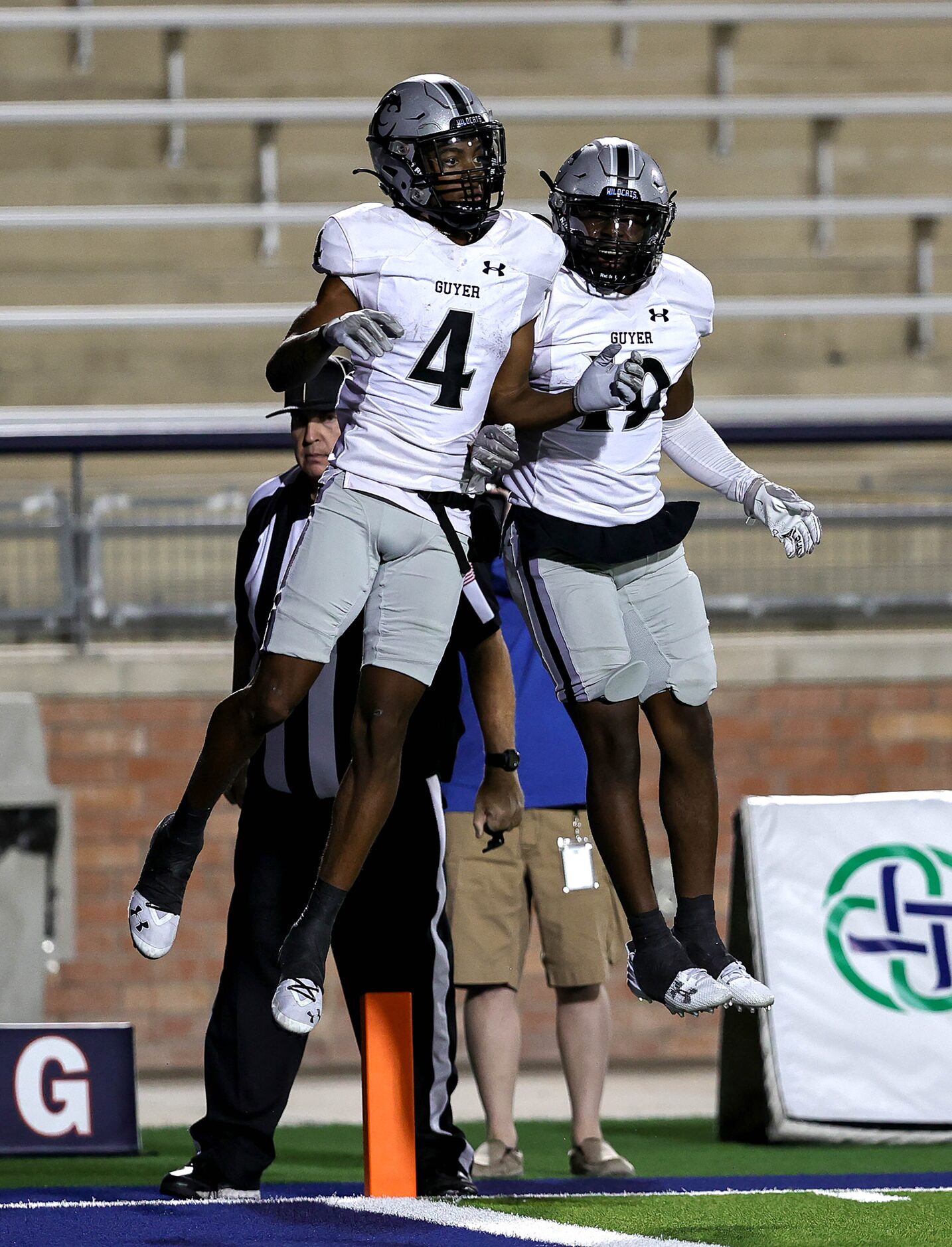 Denton Guyer wide receiver Josiah Martin (4) and wide receiver Corbin Glasco (19) celebrate...