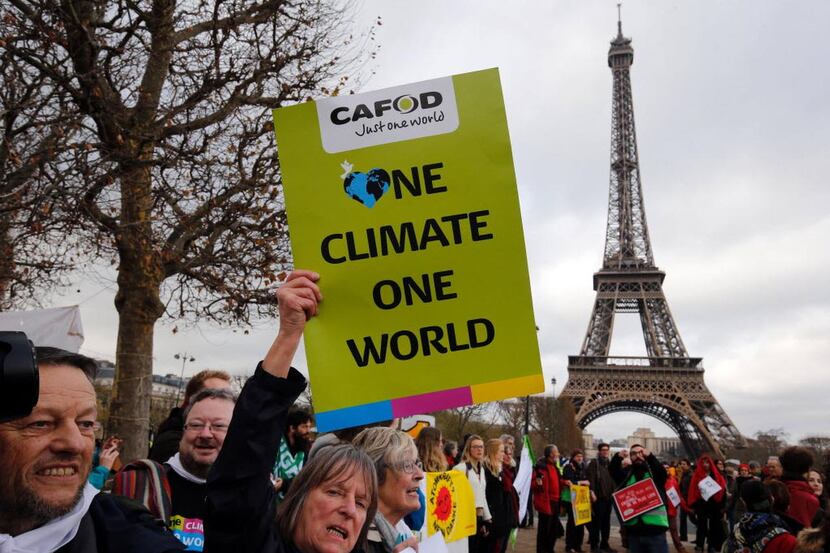 
A demonstrator holds a banner reading "One climate one world" during a rally held to form a...