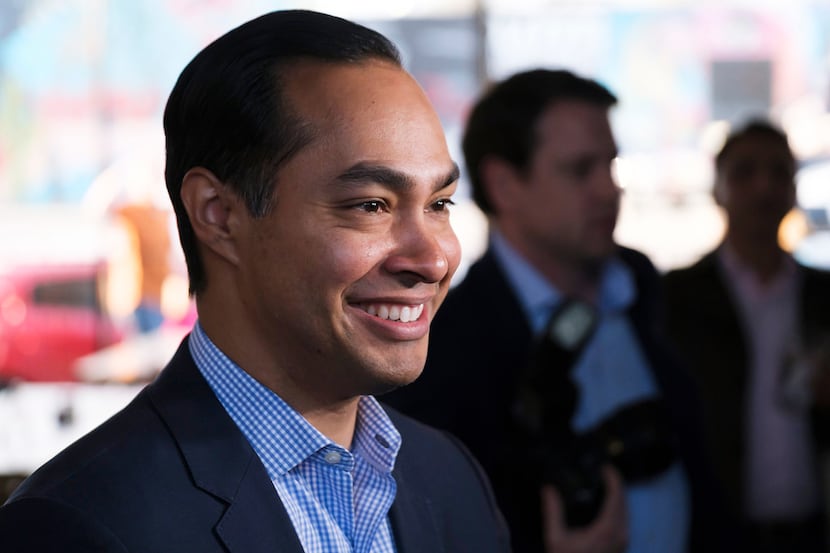 Presidential candidate Julian Castro addressed reporters before a campaign event at St....