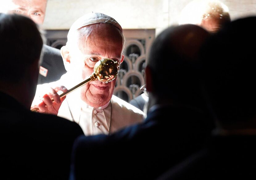 
Pope Francis arrives at the Cathedral of St. Matthew the Apostle, where he spoke to a...