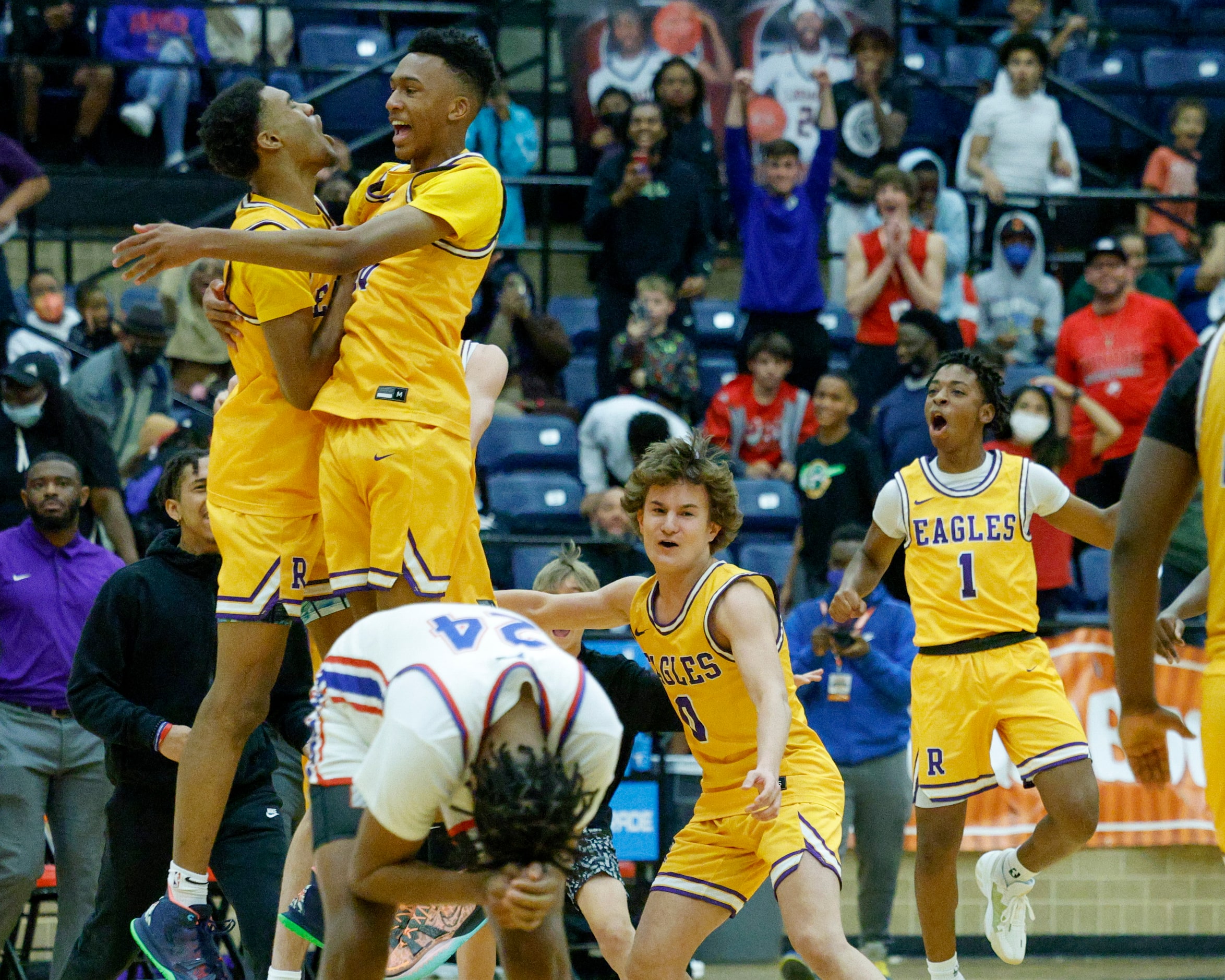 Duncanville forward Ashton Hardaway (24) reacts as the Richardson team celebrates after...