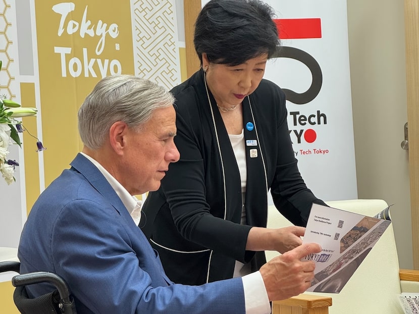 Texas Gov. Greg Abbott meets with Tokyo Gov. Yuriko Koike in Tokyo.