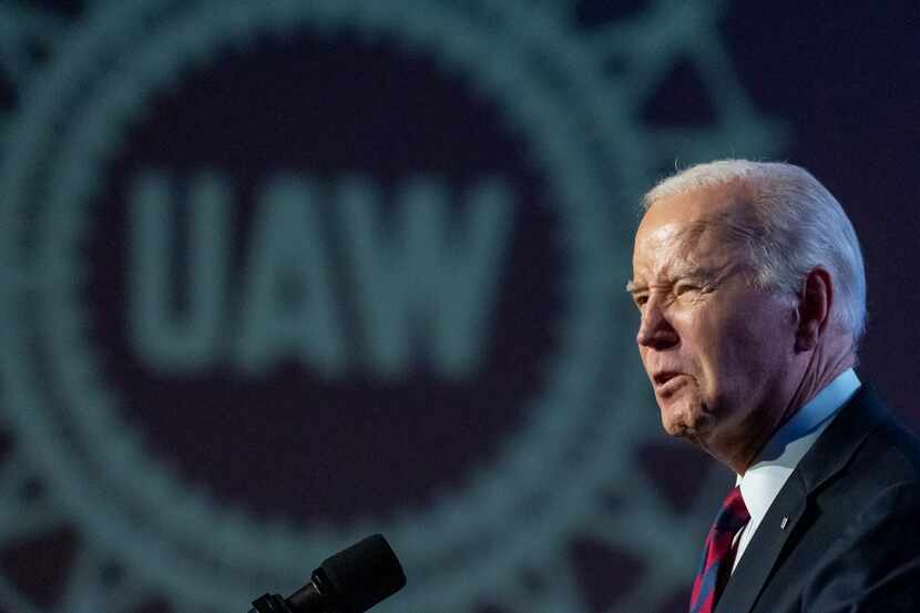 President Joe Biden speaks during a United Auto Workers' political convention on Jan. 24 in...