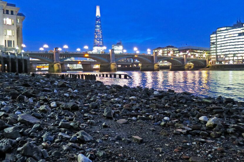 A view of the Thames shoreline where one can take guided archeological tours.