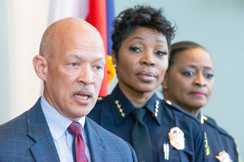 Dallas County District Attorney John Creuzot, appearing with Dallas Police Chief U. Renee...