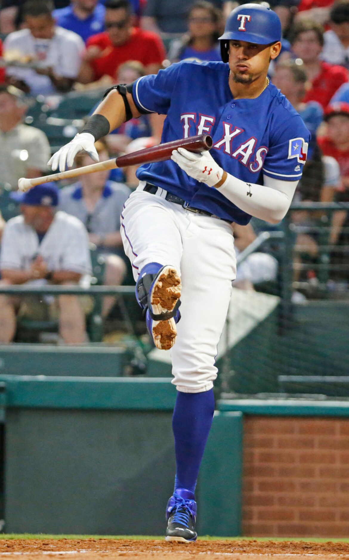 Texas Rangers first baseman Ronald Guzman (67) avoids an inside pitch in the fourth inning...