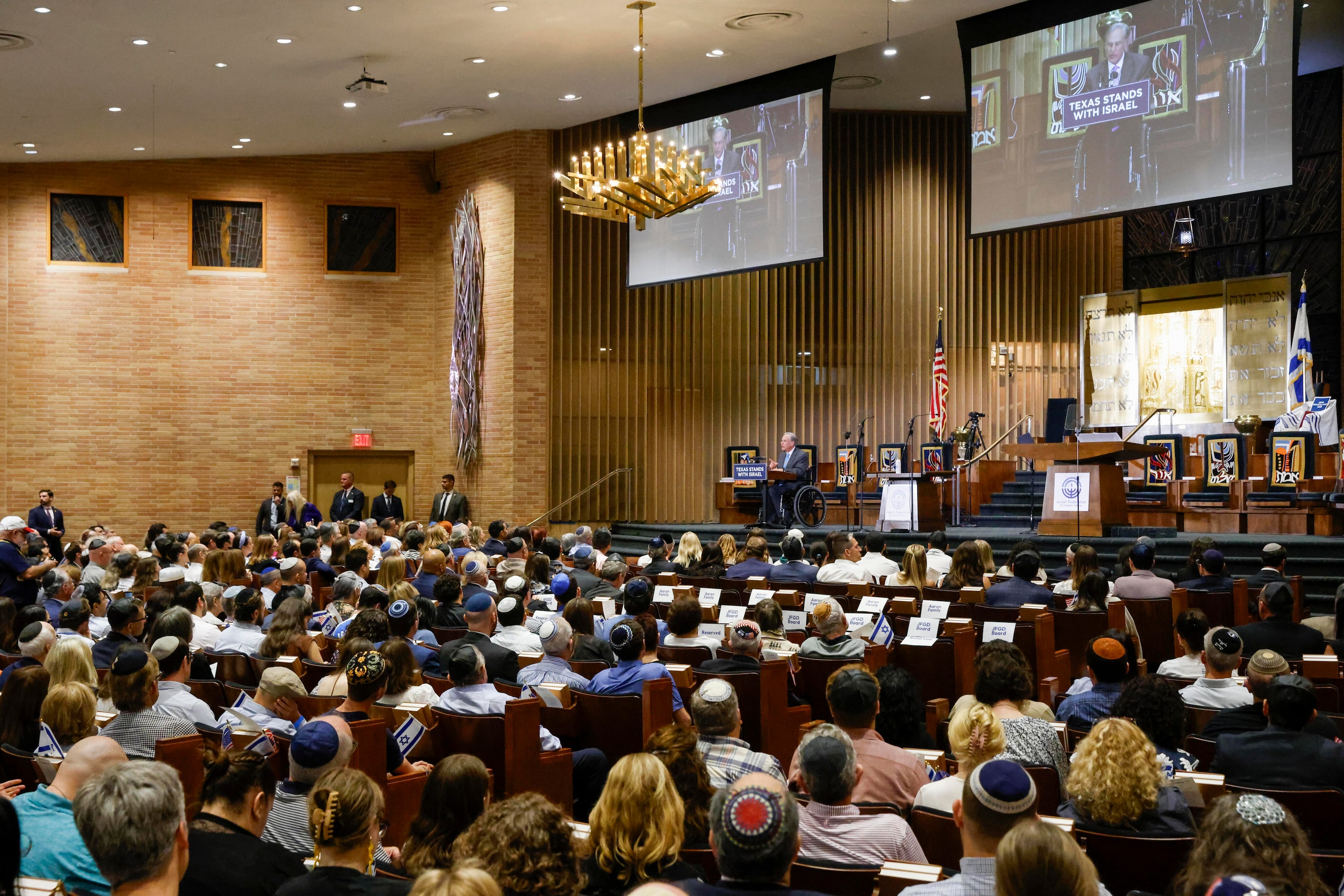 Gov. Greg Abbott speaks during a community event commemorating the Oct. 7, 2023 attack in...