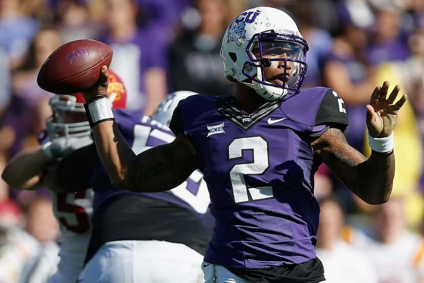 FORT WORTH, TX - DECEMBER 06: Quarterback Trevone Boykin #2 of the TCU Horned Frogs throws a...