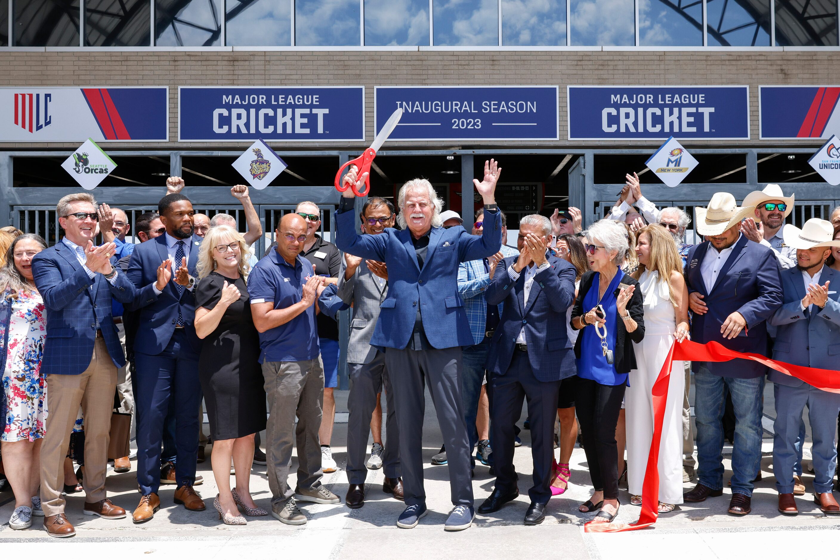 Major League Cricket co-founders Sameer Mehta (center left), Vijay Srinivasan (back left),...