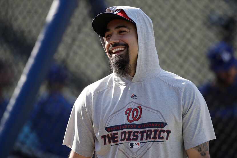 Washington Nationals third baseman Anthony Rendon smiles during batting practice before Game...