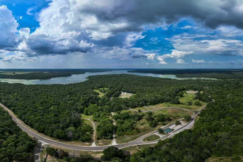 A panoramic aerial view of Fairfield Lake State Park with the closed main gate at the bottom...