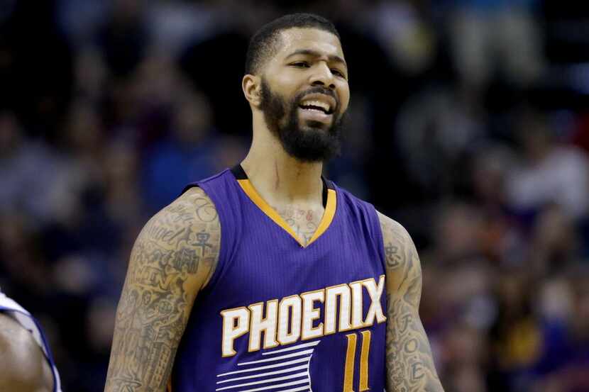 Phoenix Suns' Markieff Morris reacts to a call during the second half of the team's NBA...