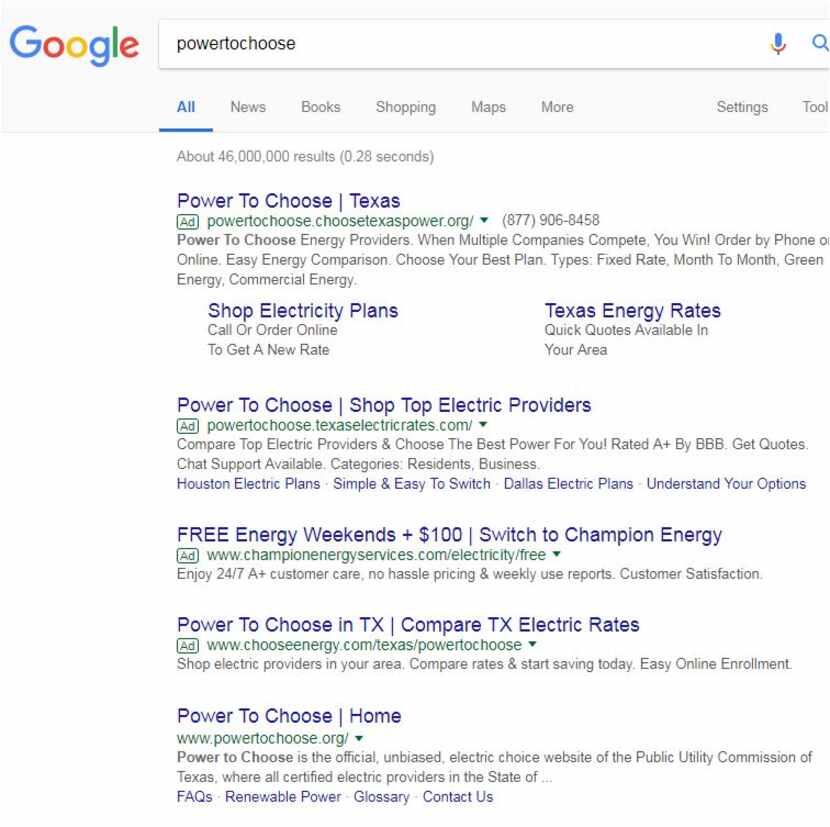 Four ads pop up on Google search for the words "power to choose" before the state's shopping...