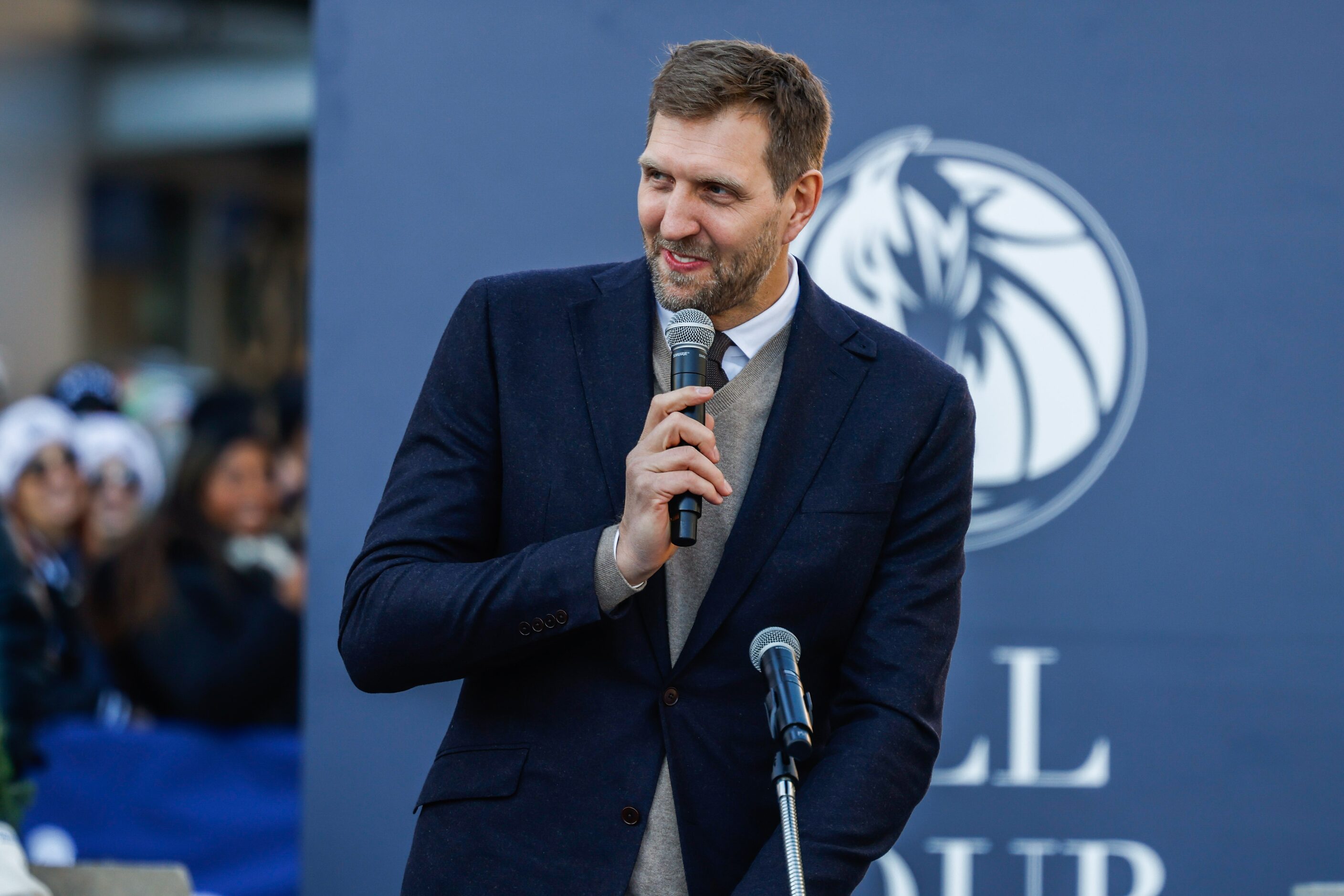 Dirk Nowitzki, former Dallas Mavericks player, speaks during the Christmas Day ceremony...