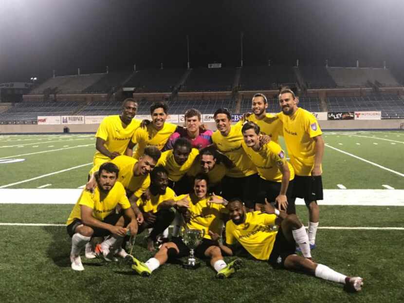 Fort Worth Vaqueros players pose for a photo with the NPSL Lone Star Conference trophy.