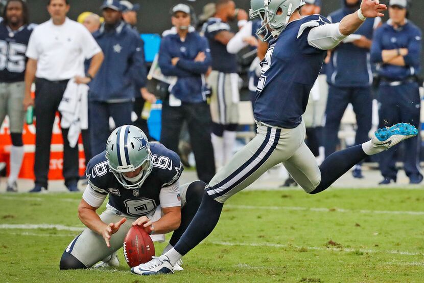 Dallas Cowboys kicker Brett Maher (2) kicks his first regular season field goal attempt,...