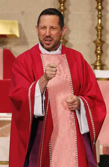 The Rev. Neil G. Cazares-Thomas speaks during a service at Cathedral of Hope in Dallas.