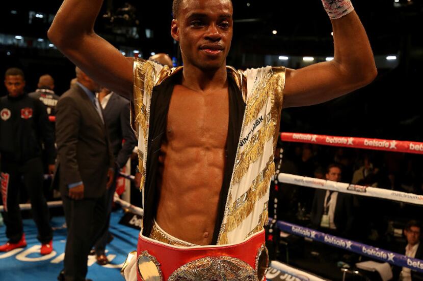 SHEFFIELD, ENGLAND - MAY 27:    Errol Spence JR reacts after beating Kell Brook in their IBF...