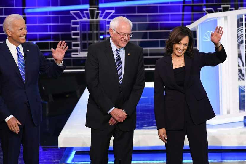 Democratic presidential hopefuls (from left) Joe Biden, Bernie Sanders and Kamala Harris...