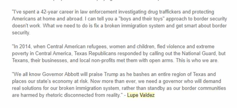 Late Wednesday afternoon, Democratic gubernatorial hopeful Lupe Valdez put out this...