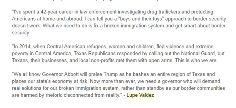 Late Wednesday afternoon, Democratic gubernatorial hopeful Lupe Valdez put out this...