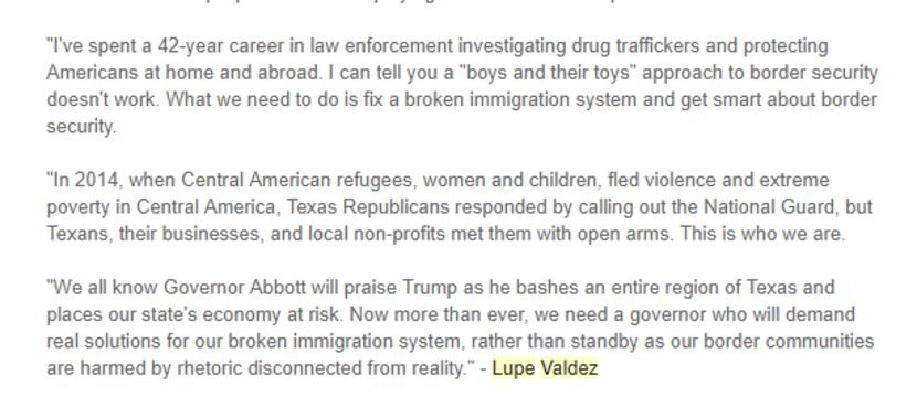 Late Wednesday afternoon, Democratic gubernatorial hopeful Lupe Valdez put out this...
