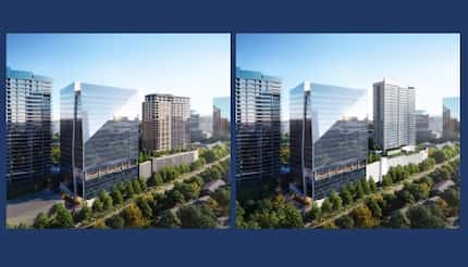 From left:  The Chalk Hill development's first iteration of the residential tower is...