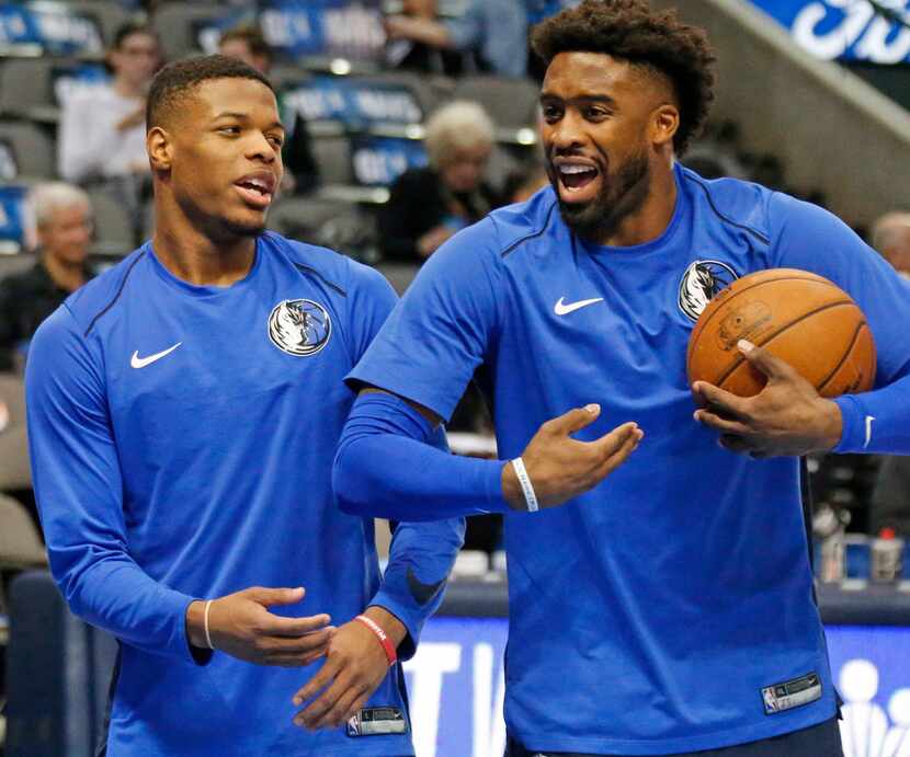 Dallas Mavericks Dennis Smith Jr. (1) and Wesley Matthews (23) are pictured during warmups...