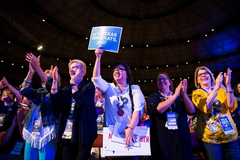 Delegates cheered during the Texas Democratic Convention on June 22 at the Fort Worth...