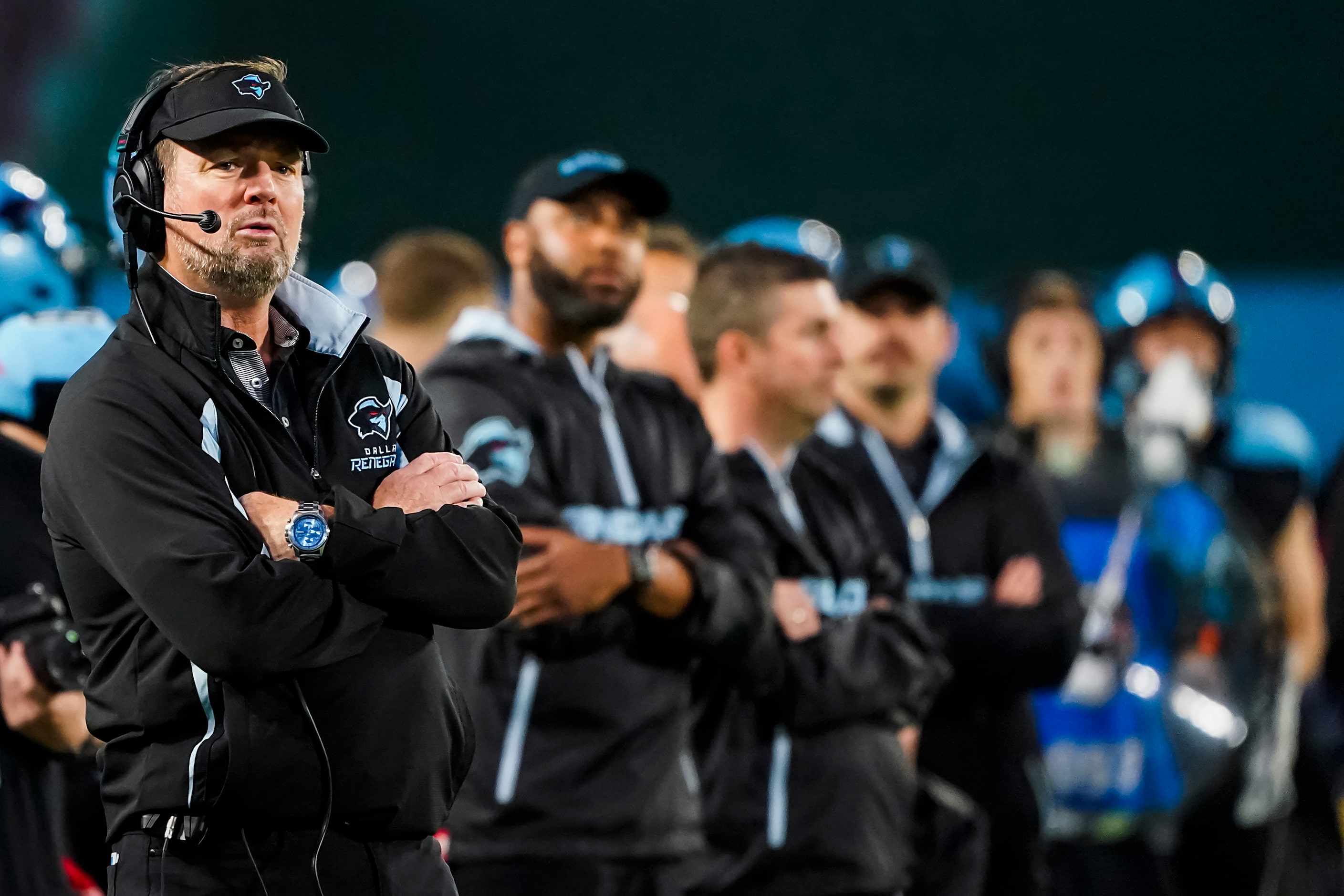 Dallas Renegades head coach Bob Stoops watches from the sidelines during the second half of...