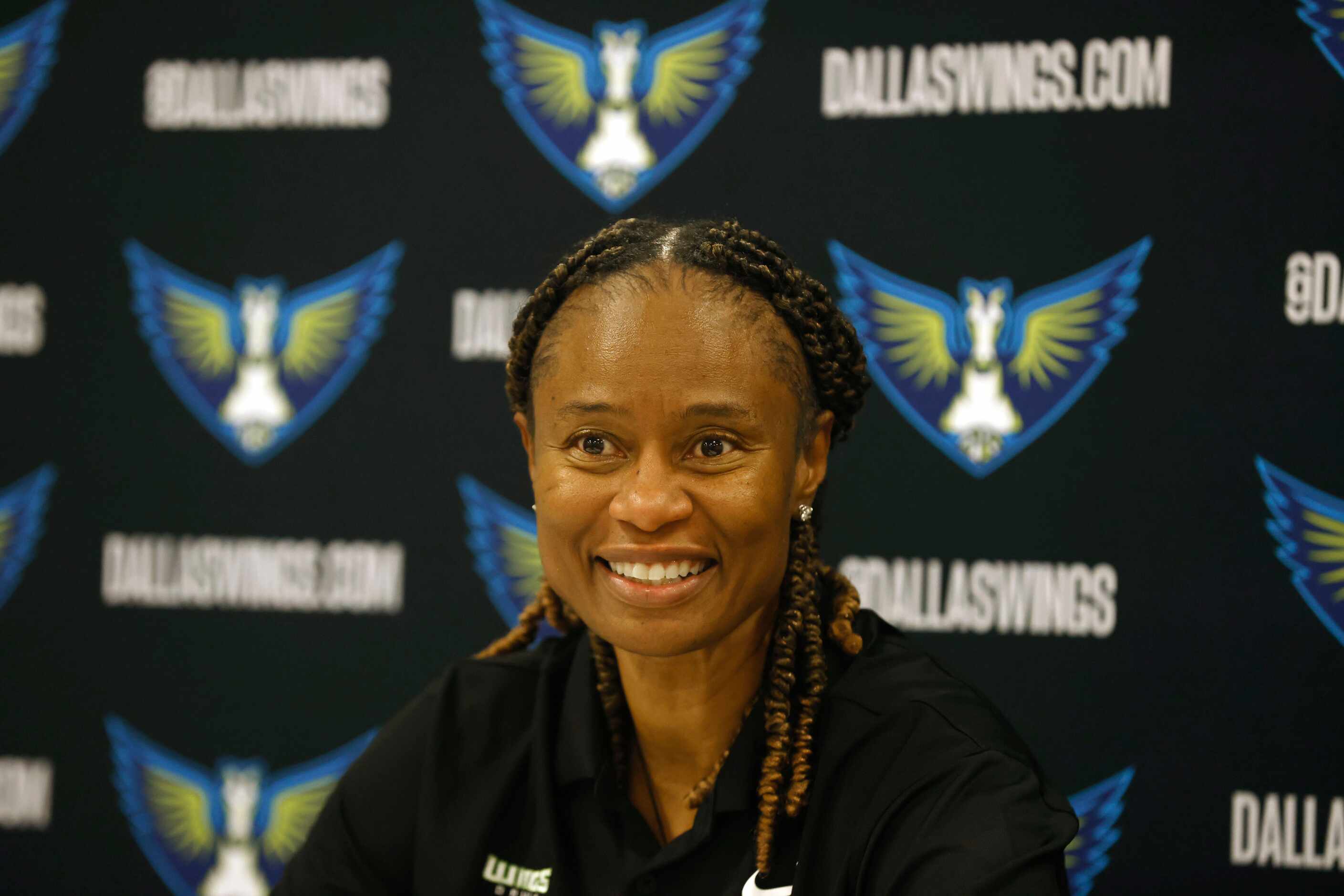 Dallas Wings head coach Vickie Johnson talks to the media after they defeated the New York...