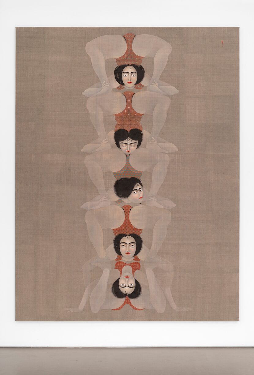 Hayv Kahraman's "The Tower" displays five women as acrobats, contorted and bent over into a...