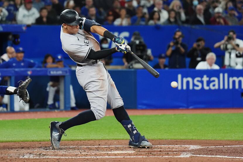 New York Yankees' Aaron Judge grounds out against the Toronto Blue Jays during the fourth...