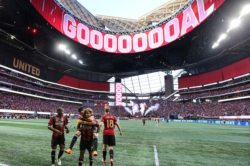 The roof of Mercedes-Benz Stadium in Atlanta is open as Atlanta United forward Josef...