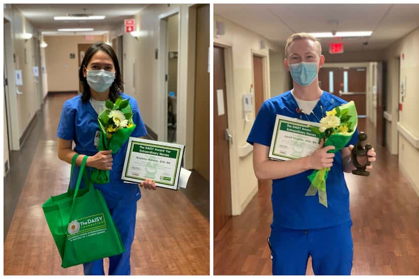Rowena Morales and Jarrett Thrasher, Medical City McKinney nurses, show off their DAISY Awards.