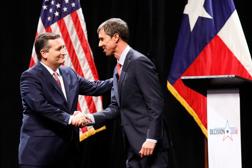 Sen. Ted Cruz, R-Texas, and Rep. Beto O'Rourke, D-El Paso, shook hands after a debate at...