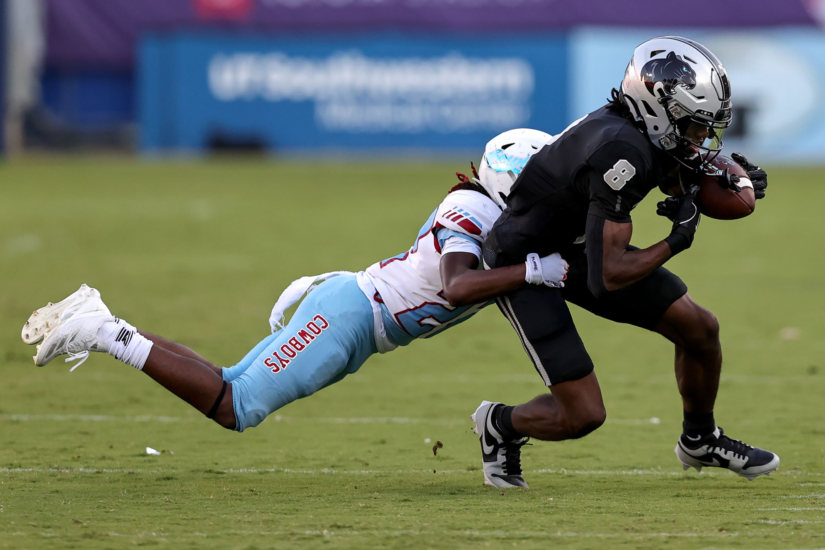 Frisco Panther Creek wide receiver Caleb Champion (8) comes up with a reception against...