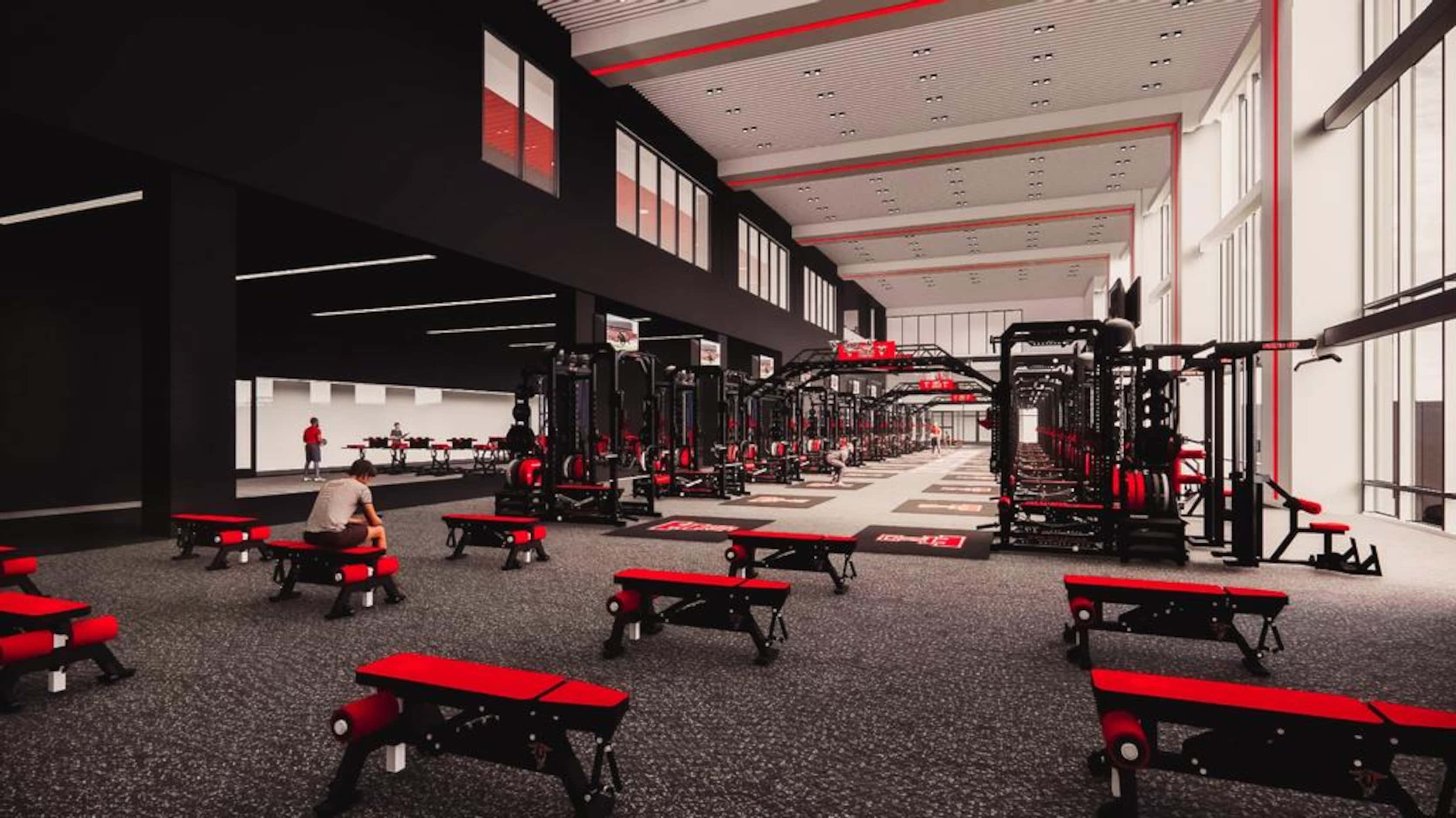 Rendering of a weight room in the Dustin R. Womble Football Center. (Courtesy of Texas Tech...