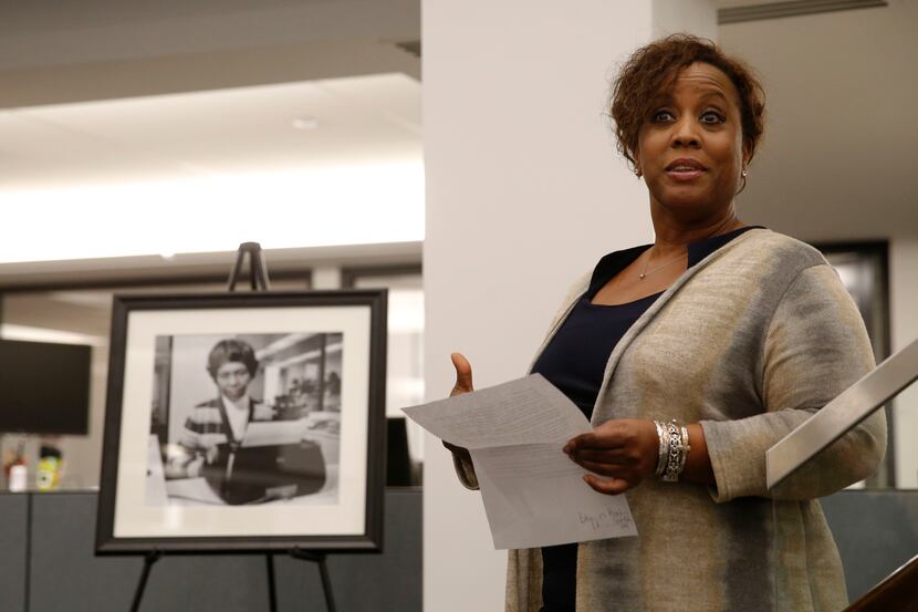 Leona Allen speaks during a 2018 dedication of a conference room at The Dallas Morning News...