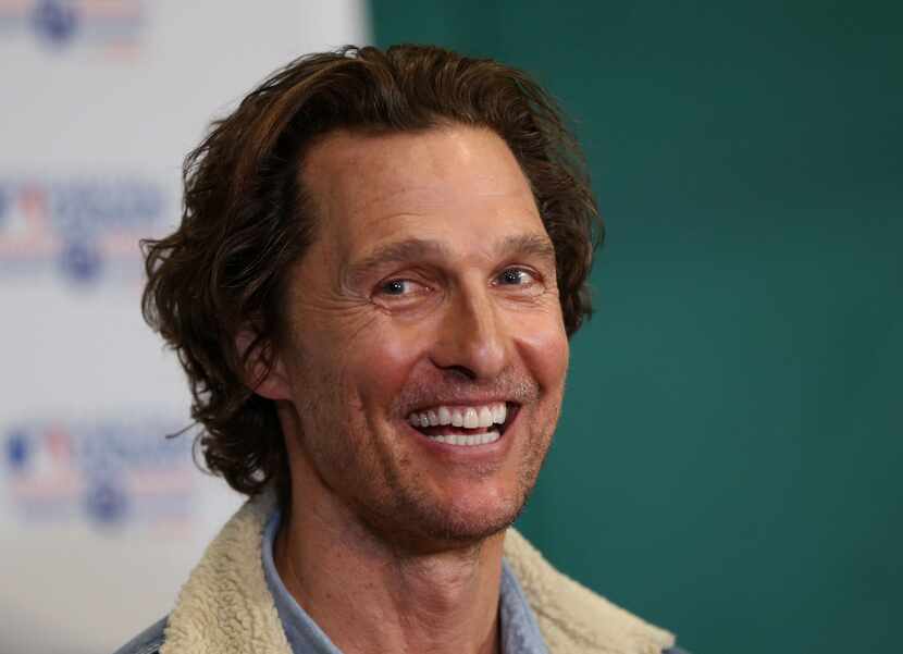 Matthew McConaughey speaks to the media during a Rangers Play Ball event for students from...