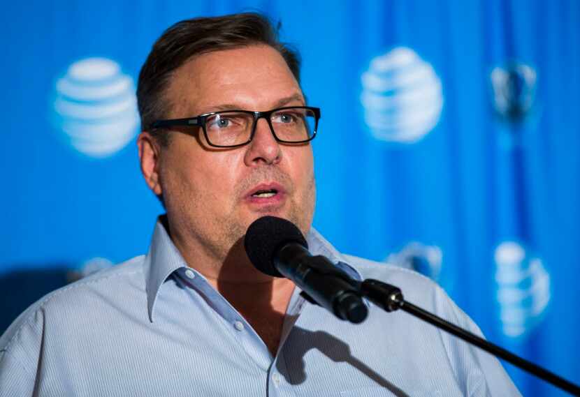 Dallas Mavericks general manager Donnie Nelson talks to the media during the Dallas...