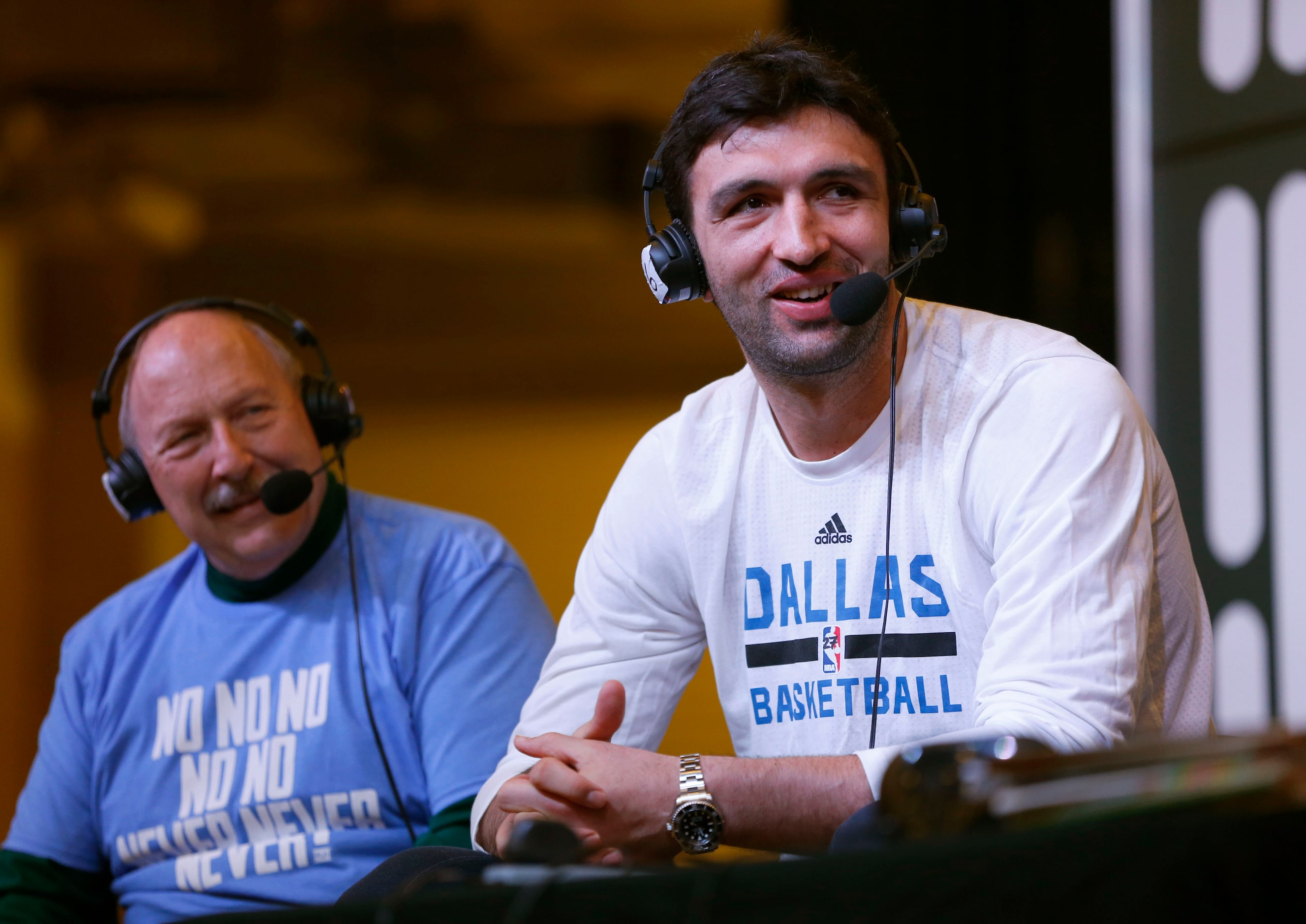 Dallas Mavericks center Zaza Pachulia speaks on air next to Norm Hitzges at The Ticket...