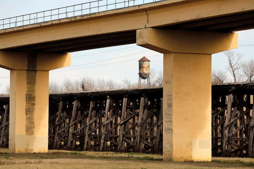 The old Atchison Topeka & Santa Fe (AT&SF) trestle bridge structure spans 1,000 feet in the...