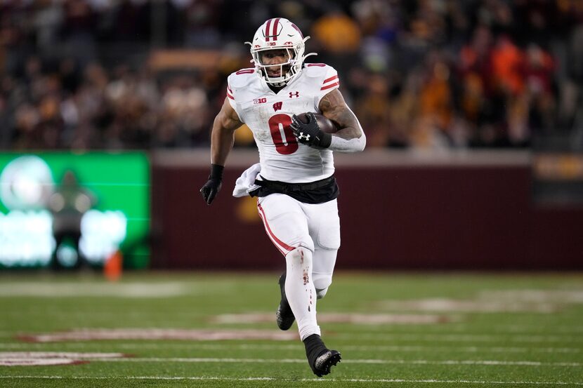 Wisconsin running back Braelon Allen (0) runs with the football during the second half of an...