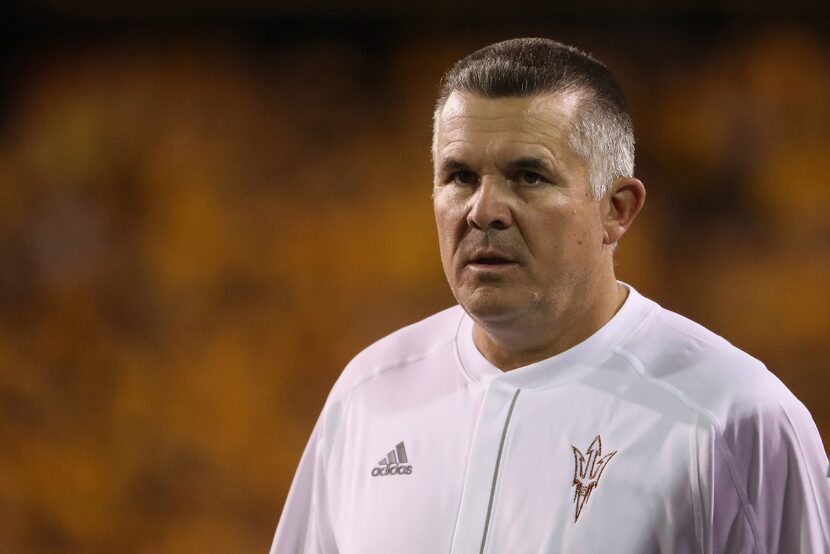 TEMPE, AZ - OCTOBER 08:  Head coach Todd Graham of the Arizona State Sun Devils walks the...