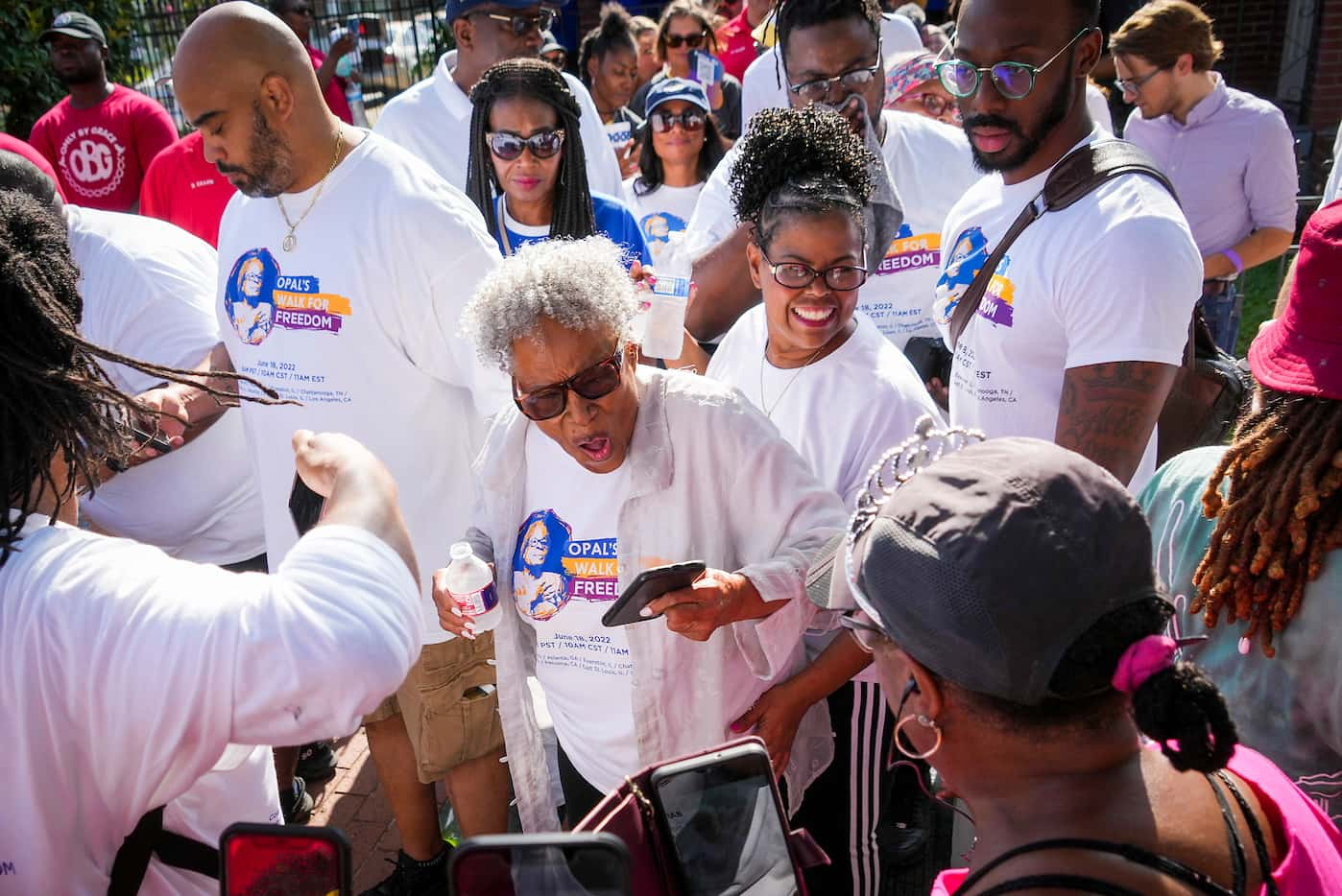 Opal Lee (center) greets walkers before the 2022 Opal's Walk for Freedom on Saturday, June...